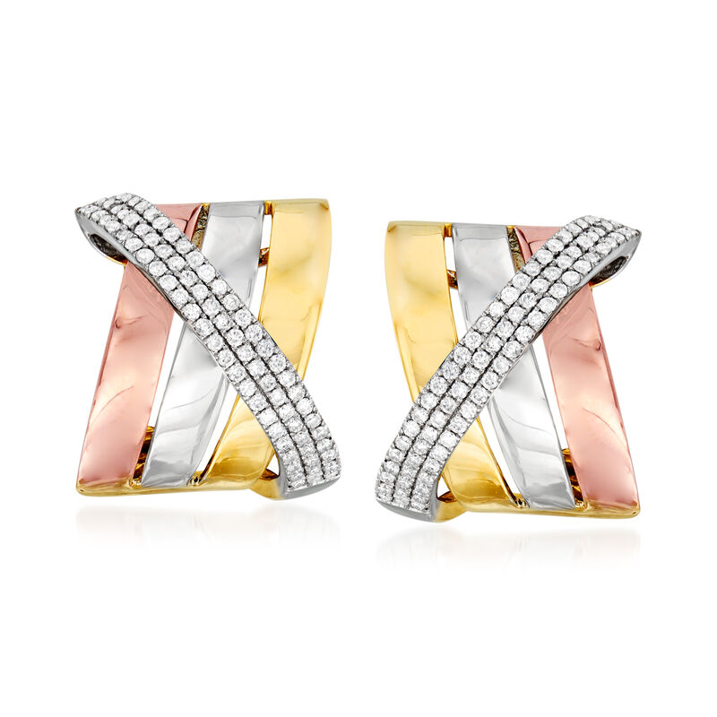 .60 ct. t.w. Diamond Sash C-Hoop Earrings in 14kt Tri-Colored Gold image number 0