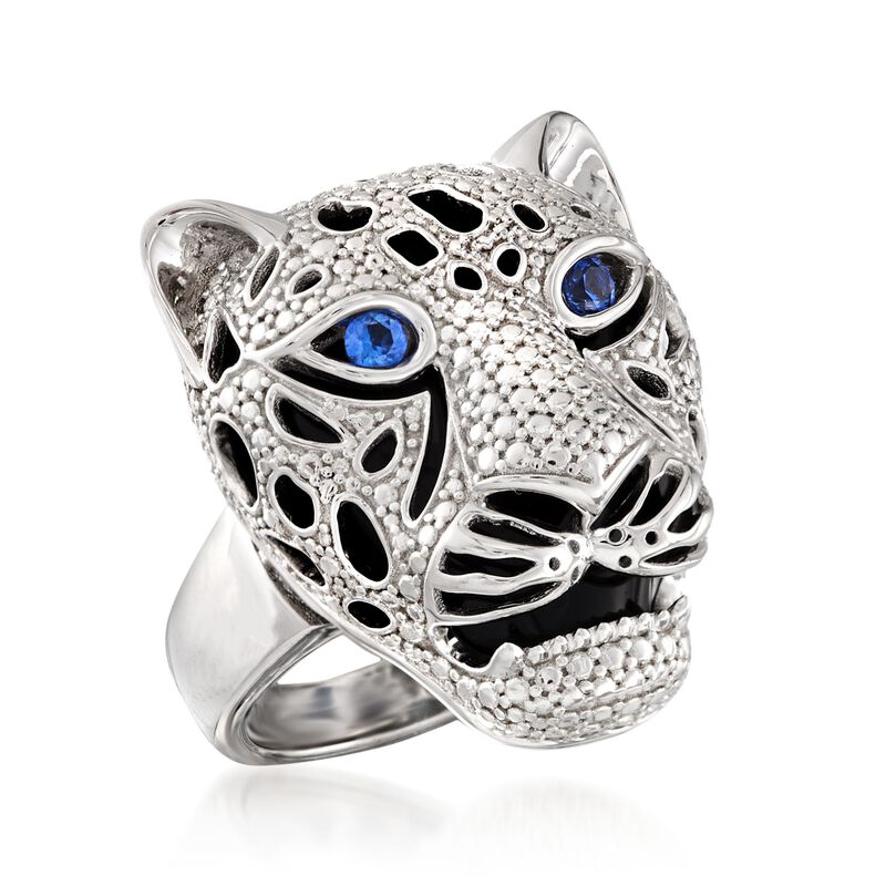 Black Onyx and .10 ct. t.w. Sapphire Panther Head Ring in Sterling Silver image number 3