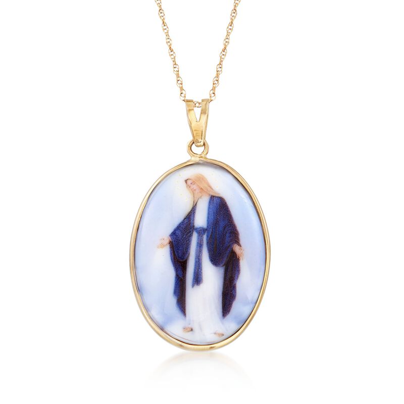 Enameled Porcelain Blessed Mary Pendant Necklace in 14kt Yellow Gold. 18&quot; image number 1
