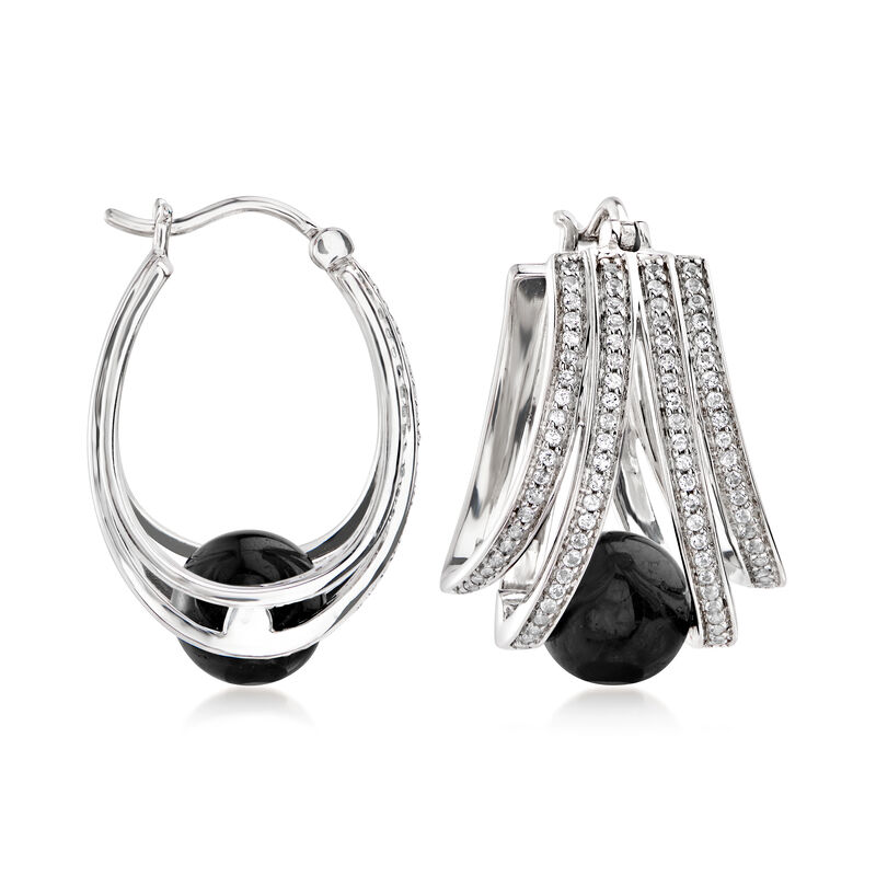 Black Onyx and .90 ct. t.w. White Topaz Hoop Earrings in Sterling Silver. 1&quot; image number 0