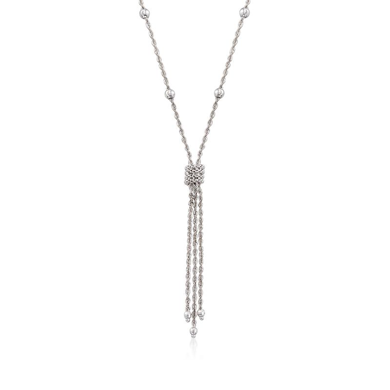 Sterling Silver Rope Chain Tassel Necklace with Faceted Beads. 18&quot; image number 1