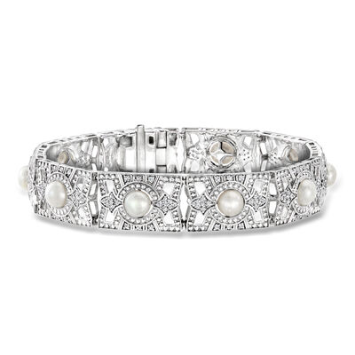 6-6.5mm Cultured Pearl and 1.00 ct. t.w. Diamond Bracelet in Sterling Silver
