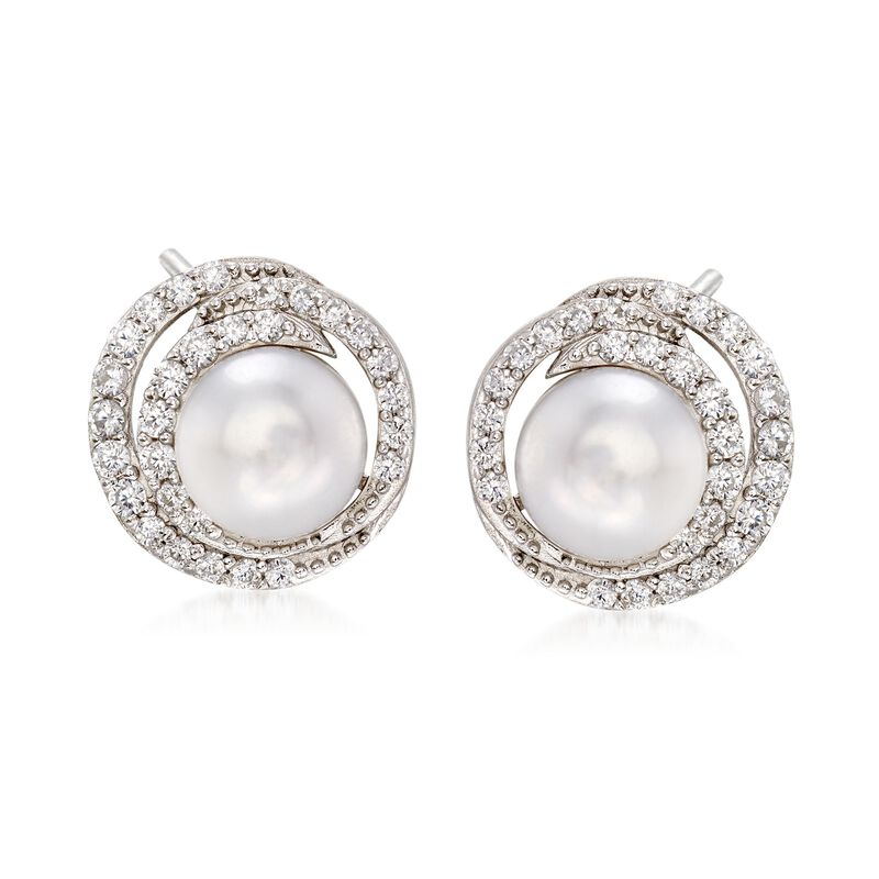 7.5-8mm Cultured Pearl and .50 ct. t.w. CZ Swirl Earrings in Sterling Silver  image number 0