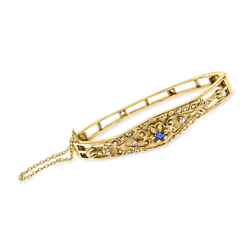 C. 1960 Vintage .15 Carat Sapphire and 1.4-2.5mm Cultured Pearl Bangle Bracelet with Diamonds in 14kt Yellow Gold. 7&quot; image number 0