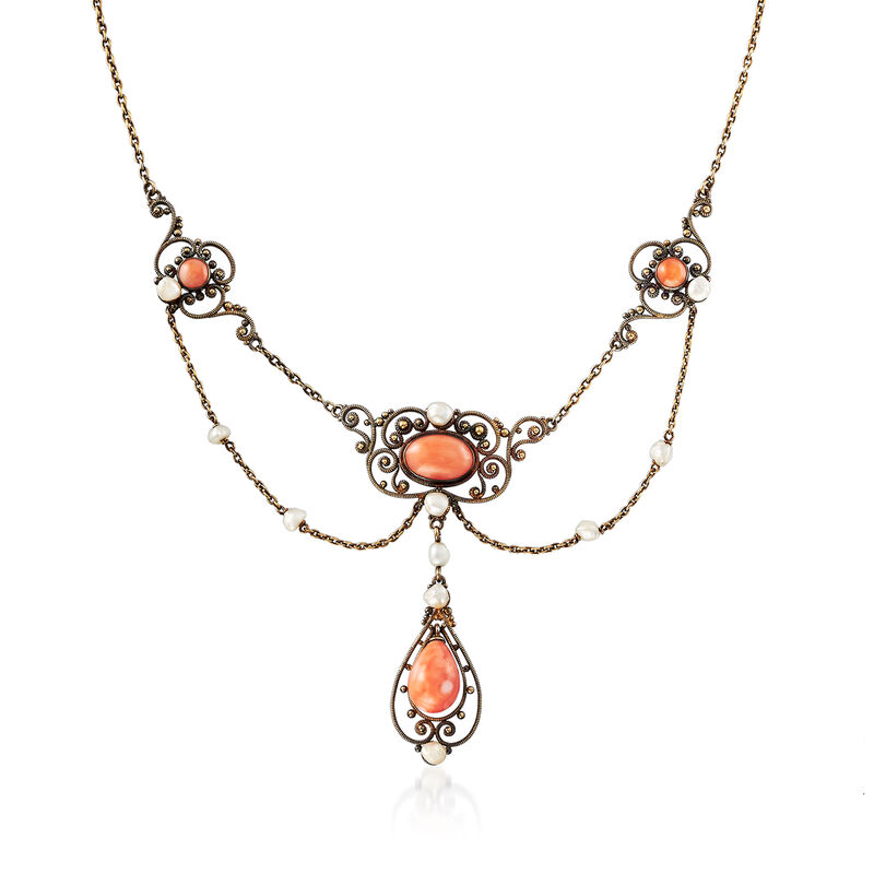 C. 1880 Vintage Pink Coral and Cultured Seed Pearl Necklace in 18kt Yellow Gold image number 0