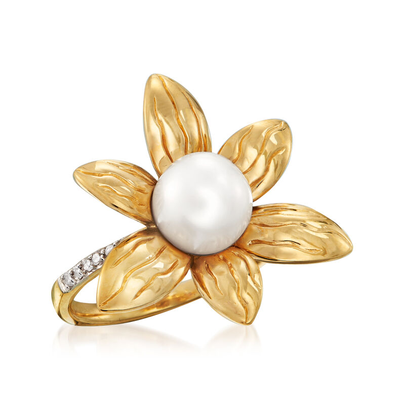 Cultured Pearl and .10 ct. t.w. Diamond Flower Ring in 18kt Gold Over Sterling image number 3