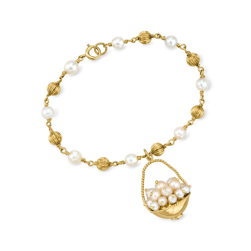 C. 1990 Vintage 4.5-5.5mm Cultured Pearl Basket Charm and Bead Station Bracelet in 14kt Yellow Gold. 7.5&quot; image number 0