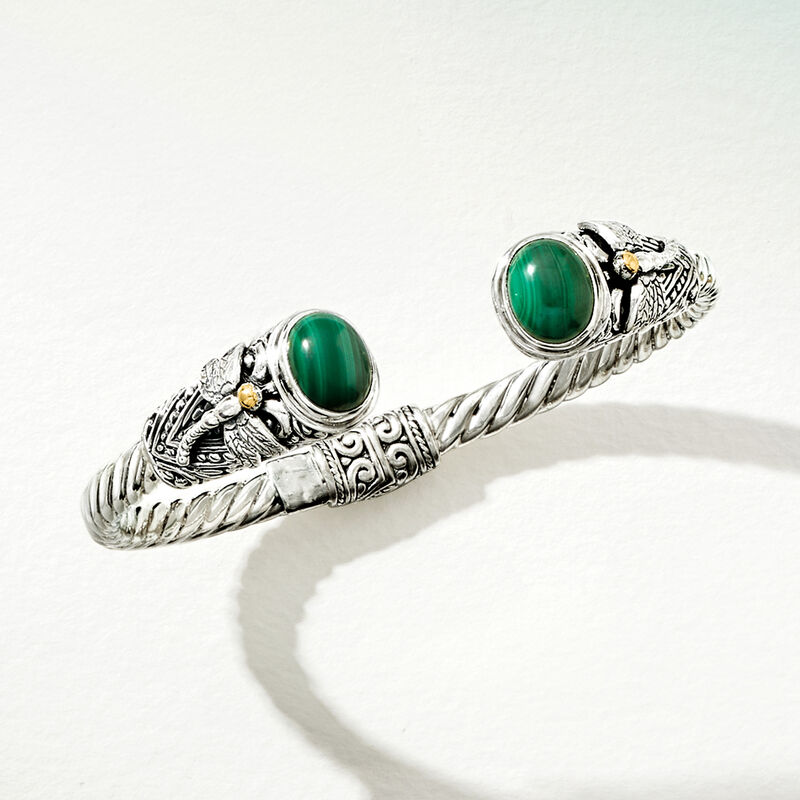 Malachite Bali-Style Dragonfly Cuff Bracelet in Sterling Silver with 18kt Yellow Gold image number 2