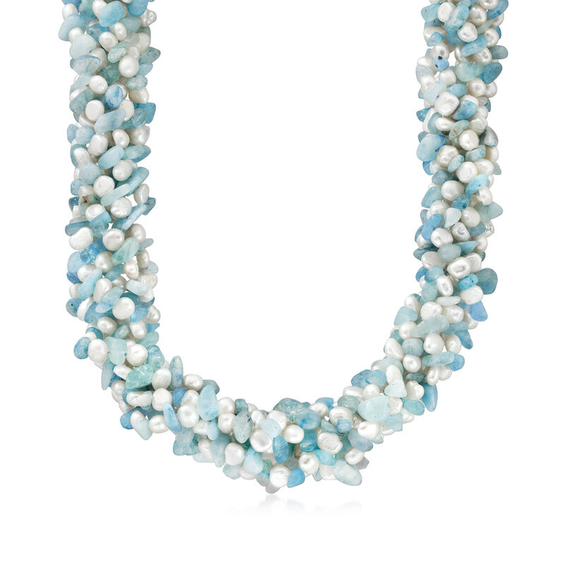 Aquamarine Bead and 5-6mm Cultured Pearl Torsade Necklace with Free Bracelet. 18&quot; image number 3