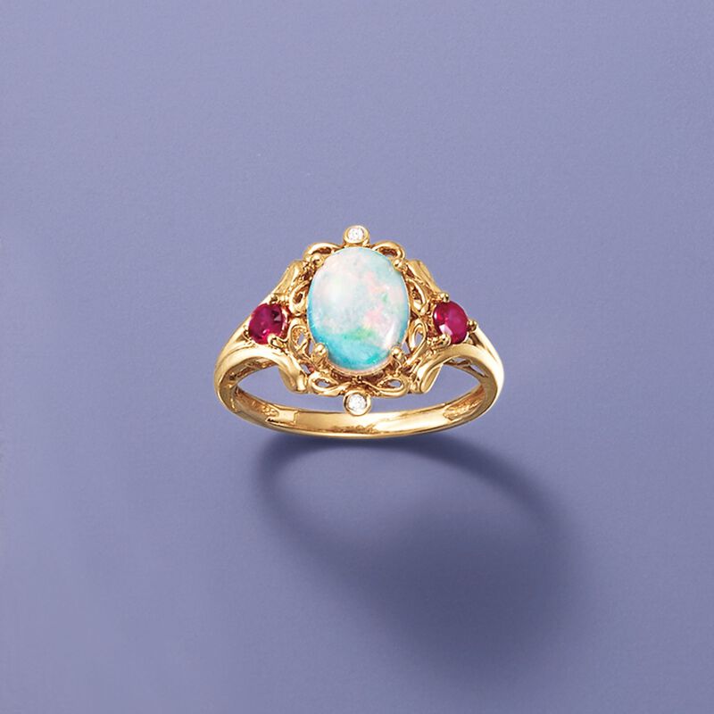 Opal and .20 ct. t.w. Ruby Ring with Diamond Accents in 14kt Yellow Gold image number 3