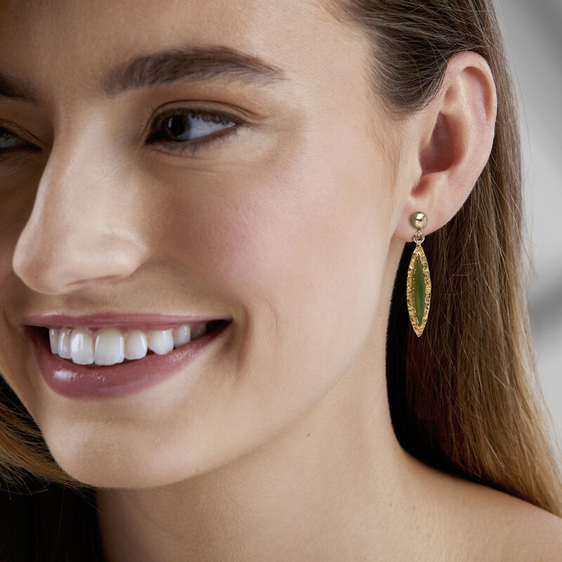 C. 1970 Vintage Marquise Jade Drop Earrings in 10kt Yellow Gold  image number 1
