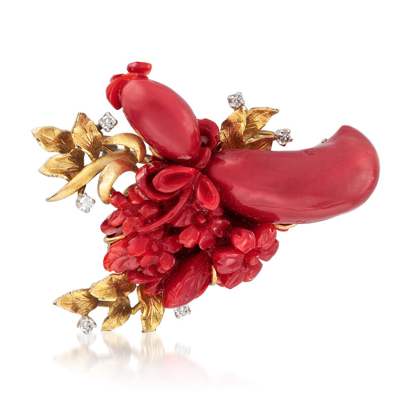 C. 1960 Vintage Carved Coral and .30 ct. t.w. Diamond Pin in 14kt Yellow Gold image number 0