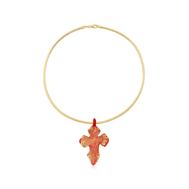 Italian Red Murano Glass with Gold Foil Cross Pendant Necklace in 18kt Gold Over Sterling image number 0