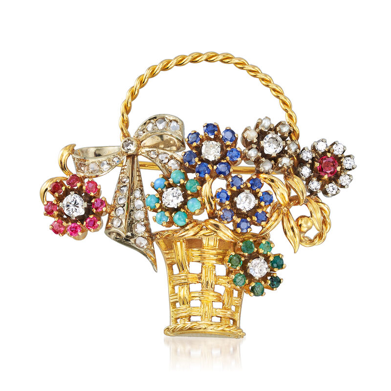 C. 1970 Vintage .90 ct. t.w. Diamond and .80 ct. t.w. Multi-Gemstone Flower Basket Pin in 18kt Yellow Gold image number 0