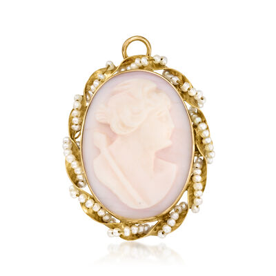 C. 1950 Vintage White Agate Cameo Pin/Pendant with Seed Pearls in 10kt Yellow Gold