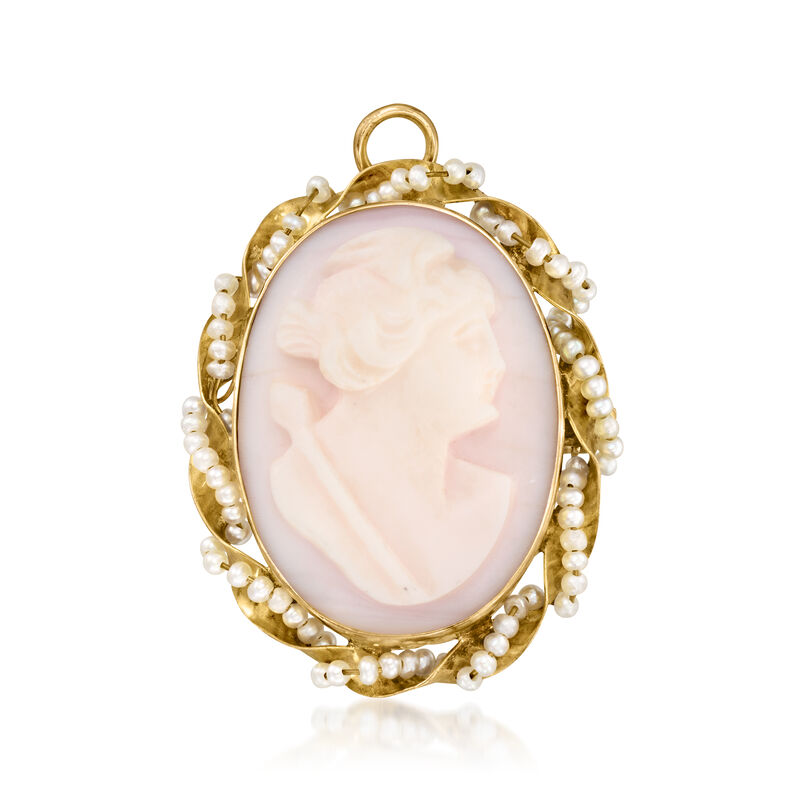 C. 1950 Vintage White Agate Cameo Pin/Pendant with Seed Pearls in 10kt Yellow Gold image number 0