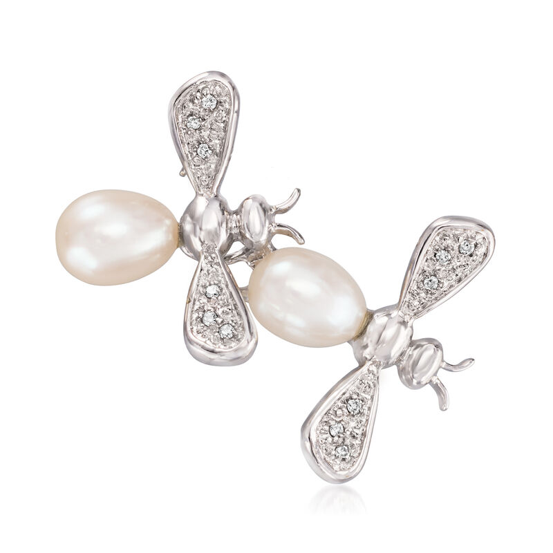 C. 1990 Vintage Cultured Pearl Bumblebee Pin with Diamonds in 14kt White Gold. Pin image number 0