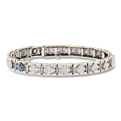 C. 1910 Vintage .60 ct. t.w. Diamond and .60 ct. t.w. Synthetic Sapphire Filigree Bracelet in 14kt White Gold