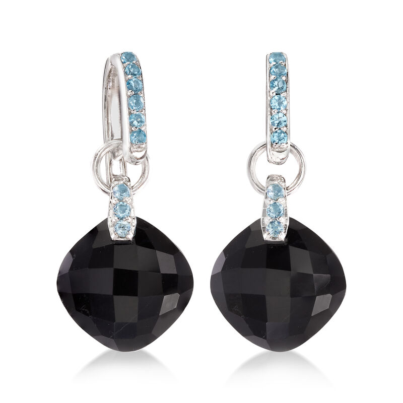 Black Onyx and .60 ct. t.w. Sky Blue Topaz Huggie Hoop Earrings image number 2