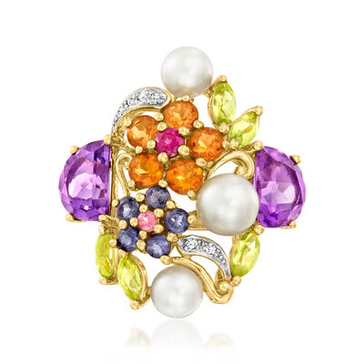 C. 1980 Vintage 5-6mm Cultured Pearl and 5.20 ct. t.w. Multi-Gemstone Floral Ring with Diamonds in 14kt Yellow Gold