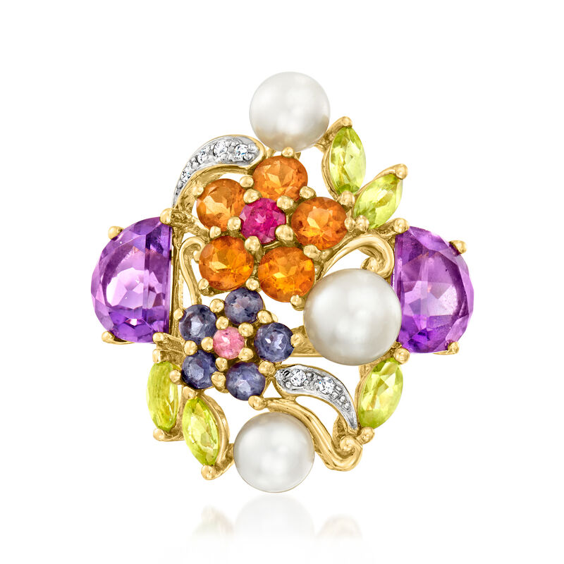 C. 1980 Vintage 5-6mm Cultured Pearl and 5.20 ct. t.w. Multi-Gemstone Floral Ring with Diamonds in 14kt Yellow Gold. Size 7 image number 0