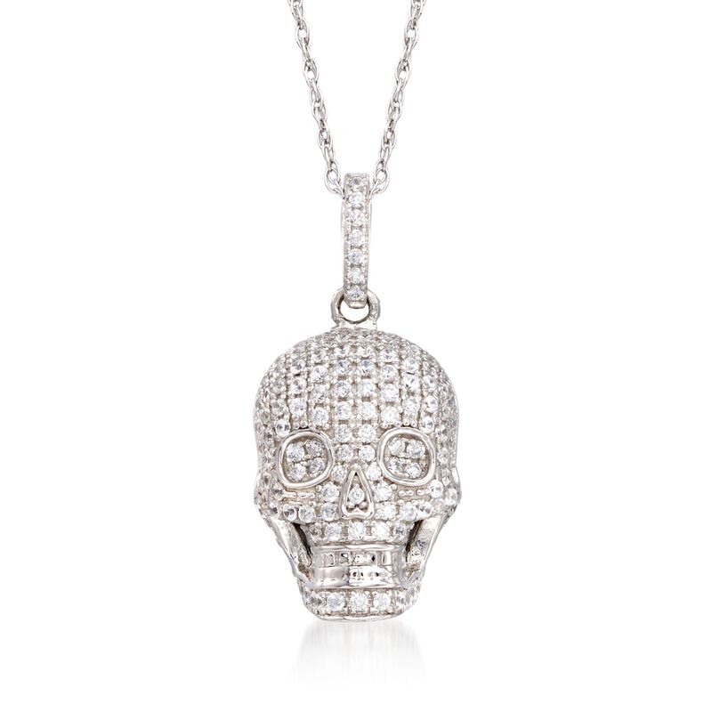 1.00 ct. t.w. CZ Skull Pendant Necklace in Sterling Silver. 18&quot; image number 1