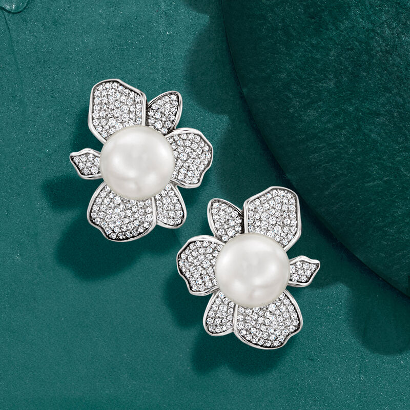 11mm Shell Pearl and 2.20 ct. t.w. CZ Floral Earrings in Sterling Silver  image number 2