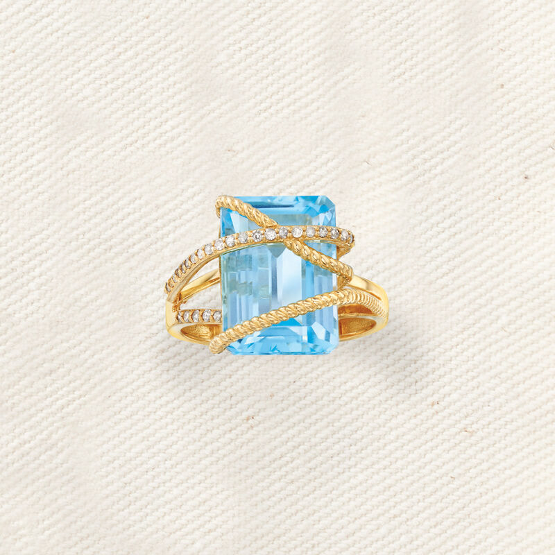 9.25 Carat Sky Blue Topaz and .15 ct. t.w. Diamond Crisscross Ring in 14kt Yellow Gold image number 3