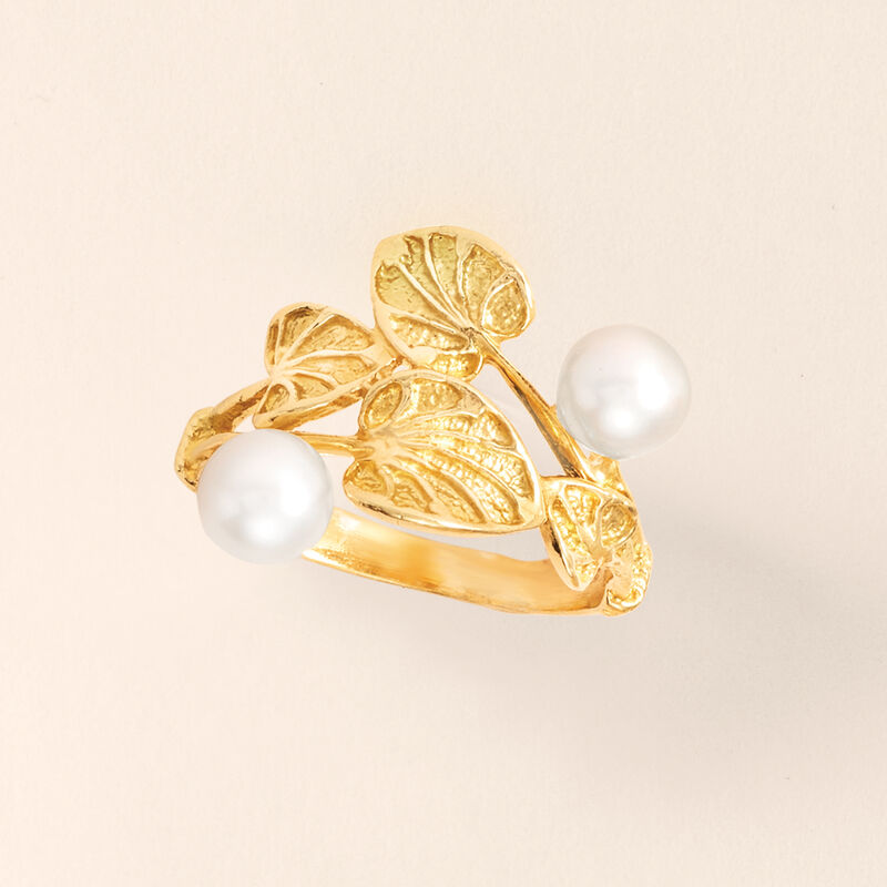 Italian Cultured Pearl and Vine Motif Ring in 24kt Gold Over Sterling image number 3