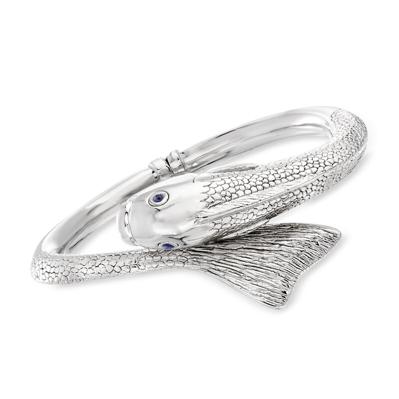 Italian Sterling Silver Fish Bangle Bracelet with Sapphire Accents image number 0