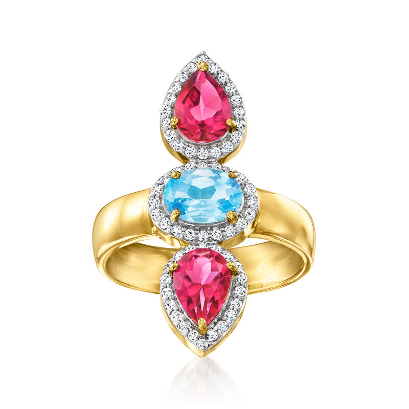 1.00 Carat Swiss Blue Topaz and 1.70 ct. t.w. Pink Topaz Ring with .40 ct. t.w. White Zircon in 18kt Gold Over Sterling image number 0