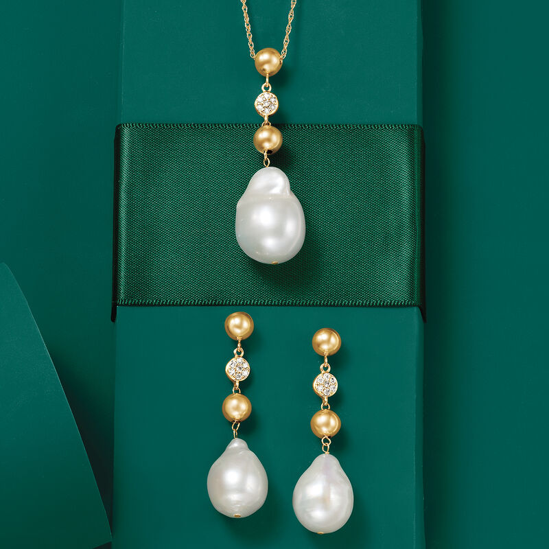 12-14mm Cultured Baroque Pearl and .14 ct. t.w. Diamond Drop Earrings in 14kt Yellow Gold image number 2