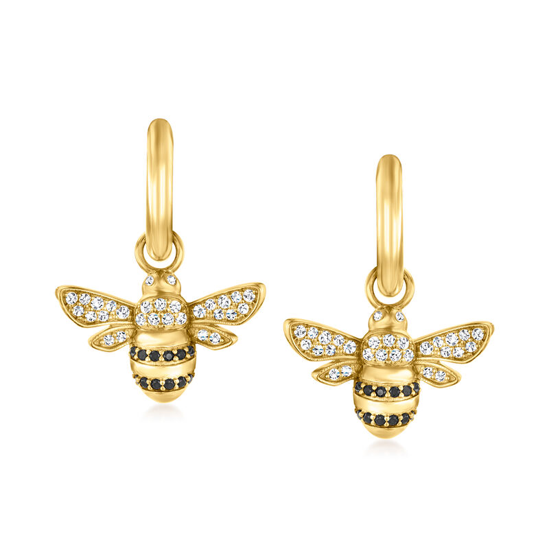 Italian .50 ct. t.w. Black and White CZ Removable Bumblebee Charm Huggie Hoop Earrings in 18kt Gold Over Sterling. 1&quot; image number 0