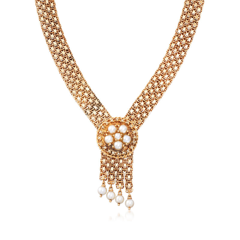 C. 1980 Vintage Cultured Pearl Mesh Necklace in 14kt Yellow Gold image number 0
