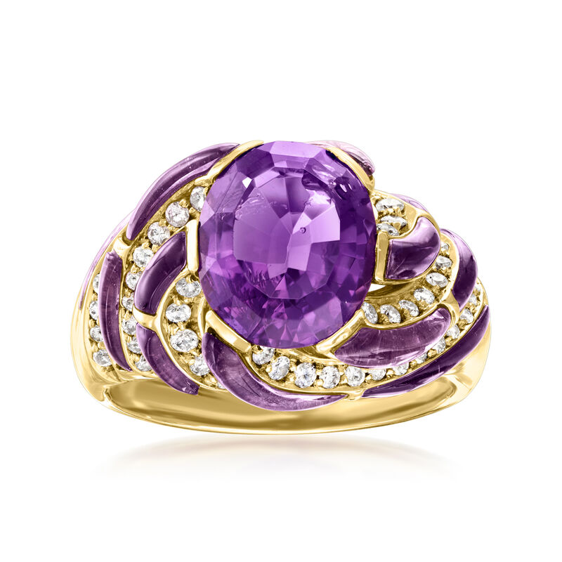 C. 1980 Vintage 10.25 ct. t.w. Amethyst and .60 ct. t.w. Diamond Swirl Ring in 18kt Yellow Gold image number 0