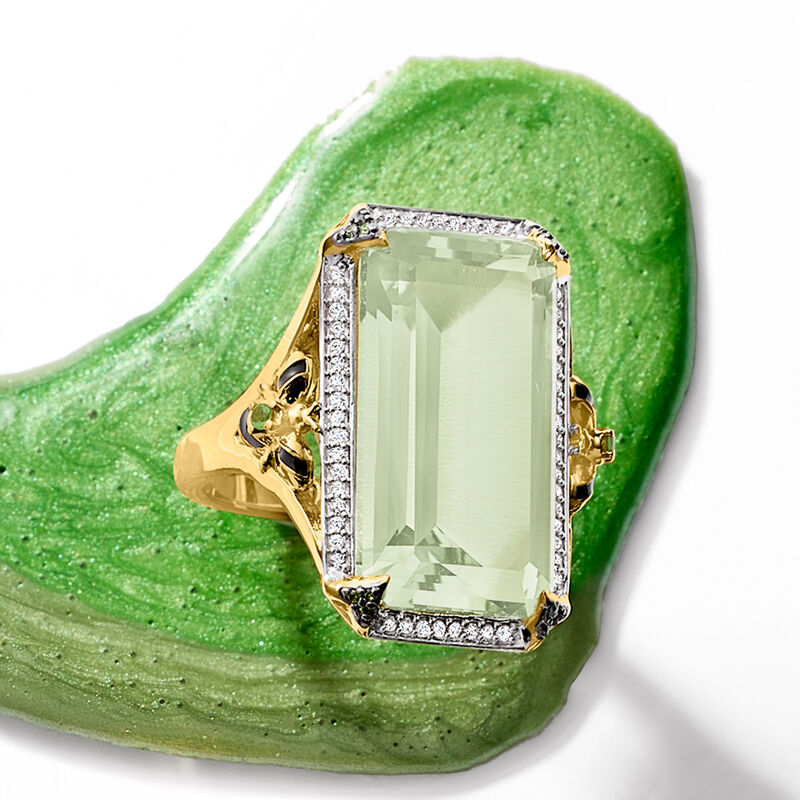 16.00 Carat Prasiolite and .20 ct. t.w. White Topaz Bumblebee Ring with Black Enamel in 18kt Gold Over Sterling image number 5