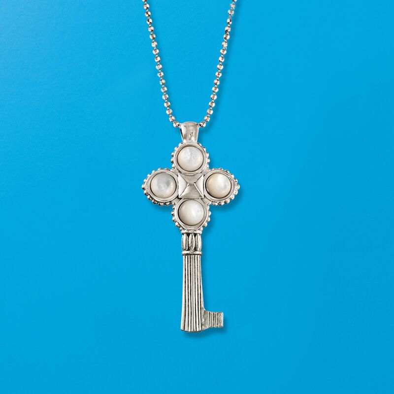 Italian Sterling Silver Key Pendant Necklace with Mother-Of-Pearl. 18&quot; image number 1