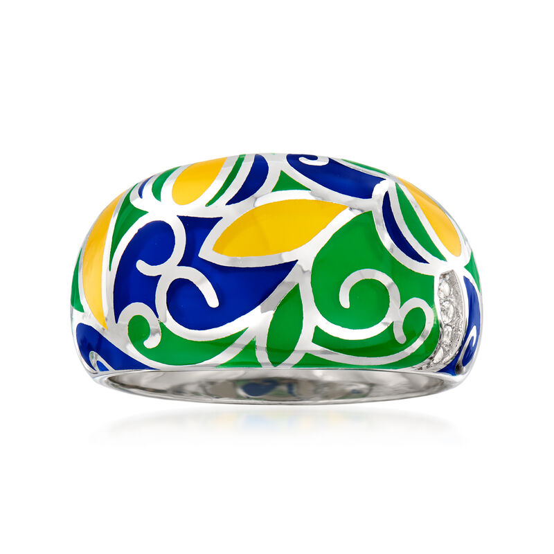 Multicolored Enamel Swirl Ring with White Topaz Accents in Sterling Silver image number 0