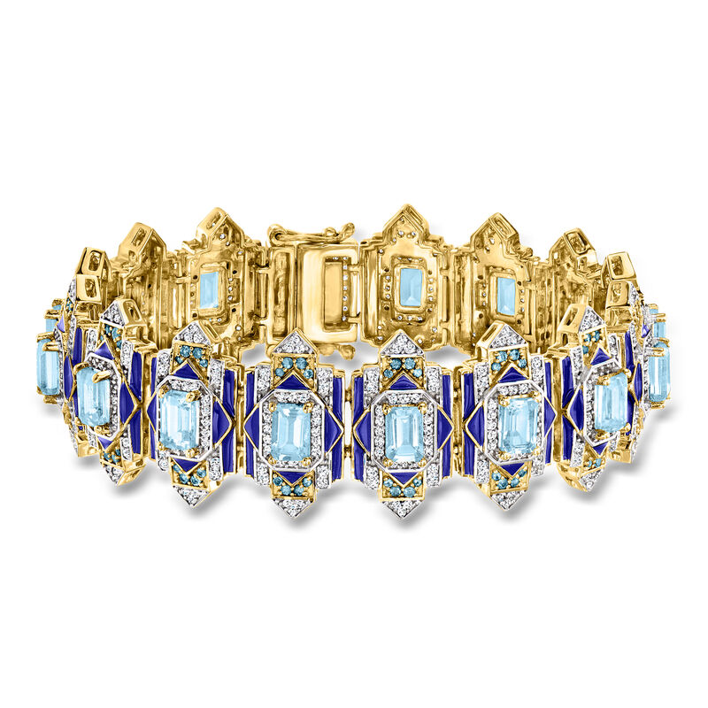 15.40 ct. t.w. London and Sky Blue and White Topaz Bracelet with Blue Enamel in 18kt Gold Over Sterling image number 0