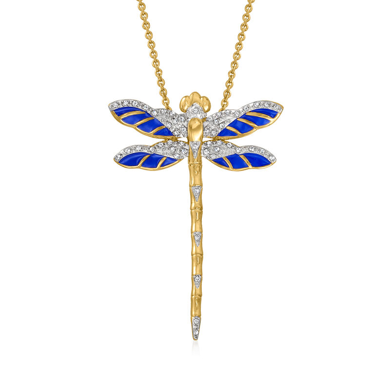 .15 ct. t.w. Diamond and Blue Enamel Dragonfly Pendant Necklace in 18kt Gold Over Sterling image number 0