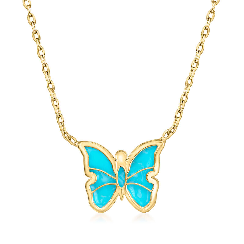 Italian Turquoise Enamel Butterfly Necklace in 14kt Yellow Gold. 16" image number 1