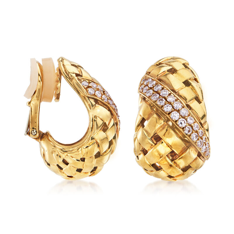 C. 1980 Vintage Tiffany Jewelry 1.10 ct. t.w. Diamond Basketweave Clip-On Earrings in 18kt Yellow Gold image number 2