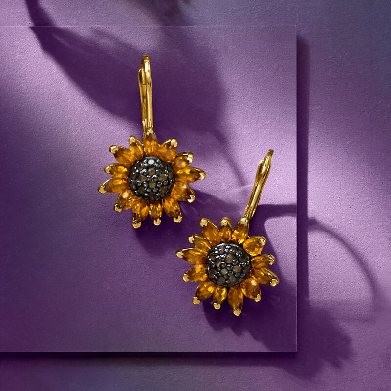 3.50 ct. t.w. Citrine and .80 ct. t.w. Smoky Quartz Sunflower Drop Earrings in 18kt Gold Over Sterling image number 6