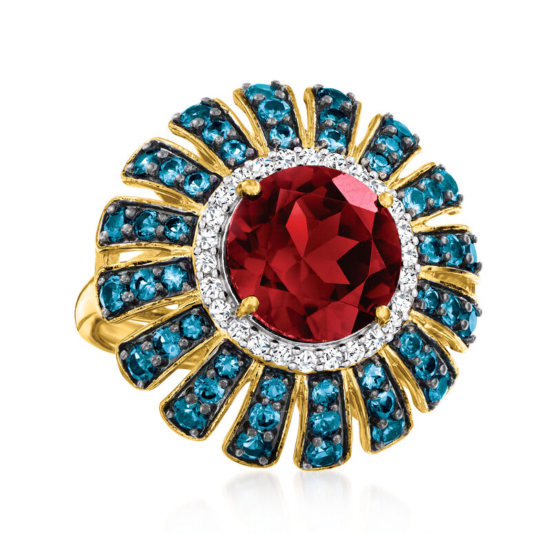4.90 Carat Garnet and 1.60 ct. t.w. London Blue Topaz Ring with .40 ct. t.w. White Zircons in 18kt Gold Over Sterling image number 3