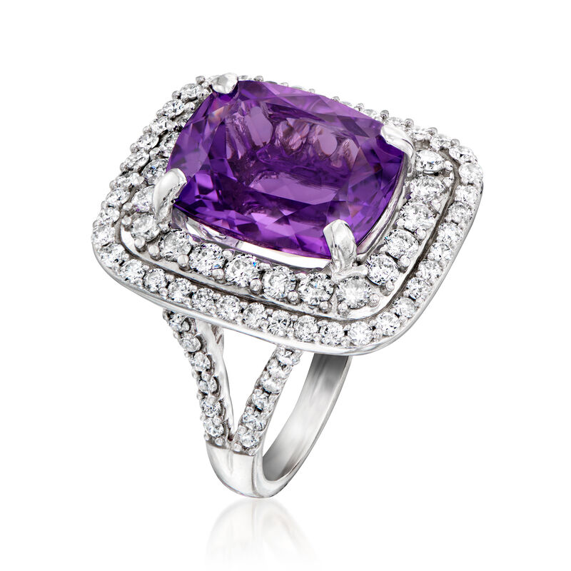 C. 1990 Vintage 10.50 Carat Amethyst and 2.40 ct. t.w. Diamond Cocktail Ring in 14kt White Gold. Size 7 image number 2