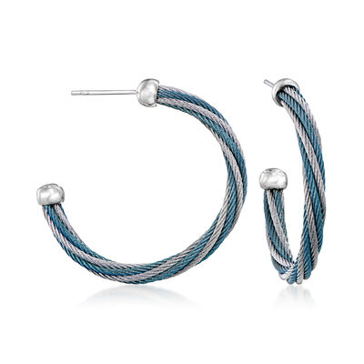 ALOR Caribbean Blue and Gray Stainless Steel Twisted Cable Hoop Earrings with 18kt White Gold