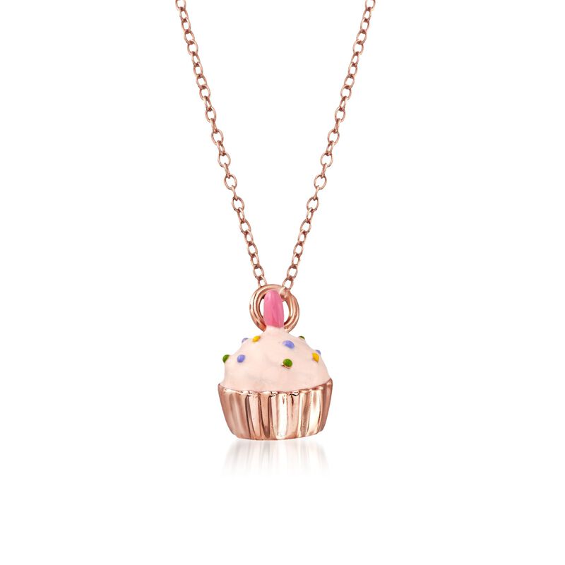 Child's Multicolored Enamel Cupcake Pendant Necklace in 14kt Rose Gold Over Sterling. 14&quot; image number 0