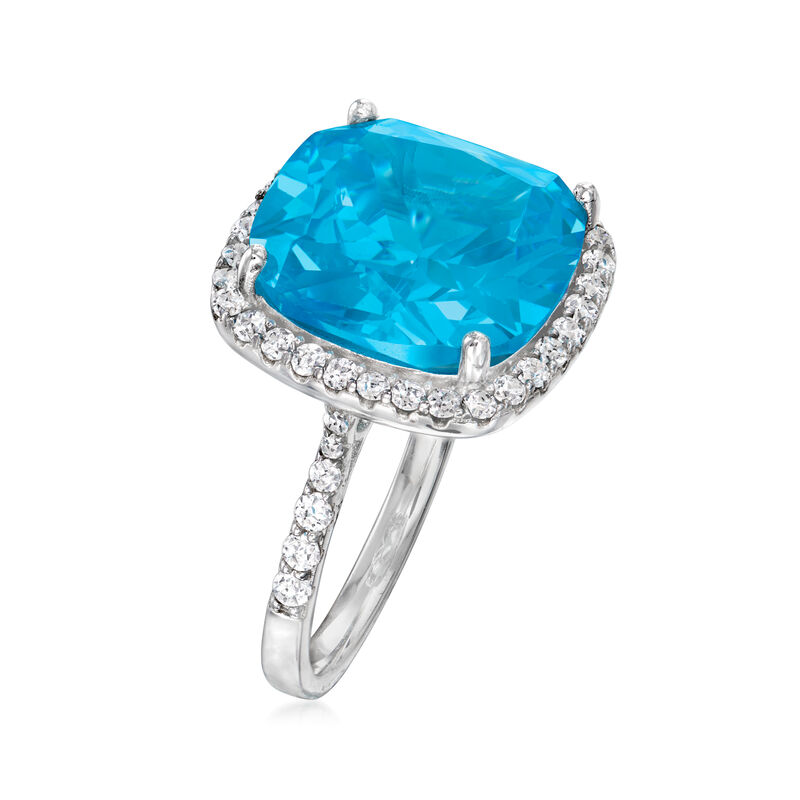 10.00 Carat Simulated Swiss Blue Topaz and .60 ct. t.w. CZ Ring in Sterling Silver image number 2