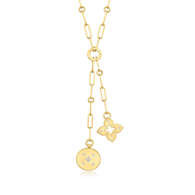 Roberto Coin &quot;Venetian Princess&quot; .20 ct. t.w. Diamond Paper Clip Chain Lariat Necklace in 18kt Yellow Gold with Removable Tassel Charms. 16.25&quot; image number 1