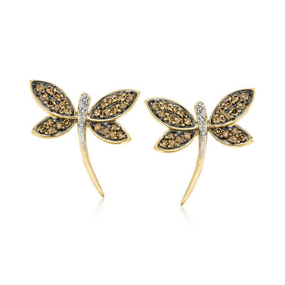 C. 1990 Vintage .70 ct. t.w. Brown Diamond Dragonfly Earrings with White Diamonds in 14kt Yellow Gold